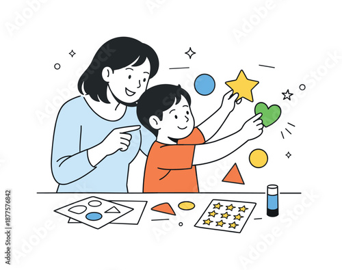 Family Decorating Fun. Parents helping kids decorate together. Adult guiding a child while hanging paper shapes and stickers, relaxed and encouraging
