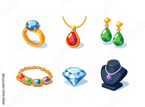 Colorful Gemstone Jewelry Icons. Gemstone Jewelry. Isometric flat vector icons set of Gemstone Jewelry: gemstone ring, gemstone pendant necklace, gemstone drop