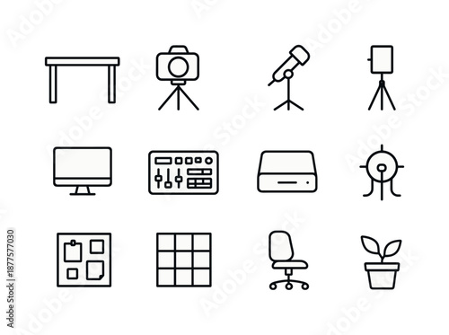 Creative Studio Icons. Creative Studio Setup. Line icon set of Creative Studio Setup: desk setup, camera stand, mic arm, lighting tripod, monitor screen,