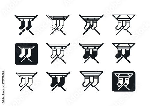 Laundry Rack Icons. Laundry drying rack. Icon set. Set Logo of laundry drying rack: drying rack with socks. harmonious logo variations of the same emblematic