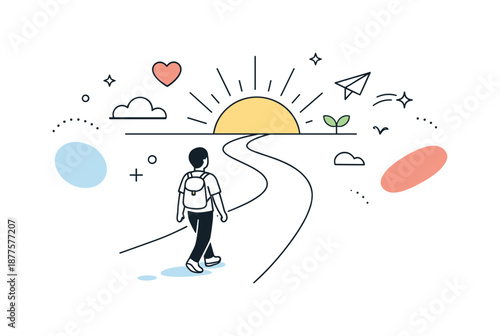 Embracing New Beginnings. Fresh start and new beginnings. A person stepping onto a clean path with a sunrise and simple symbols ahead. Calm optimism and sense