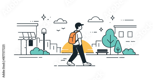 Sunset City Stroll. Sunset walk city street. Person walking along a street with simple buildings and trees, sun low on the horizon. Urban calm and end-of-day