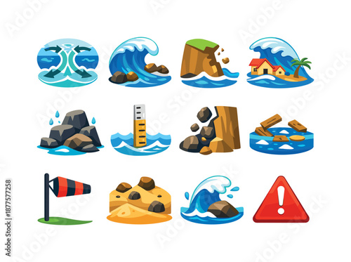 Coastal Hazard Icons. Coastal Hazards. Colorful flat vector icons set of Coastal Hazards: rip current symbol, high surf sign, erosion cliff icon, storm surge