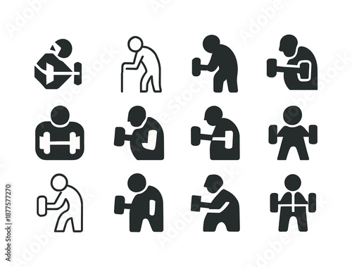 Senior Fitness Icons. Sports and fitness for seniors and elderly. Icon set. Set Logo of sports and fitness for seniors and elderly: senior-friendly dumbbell.