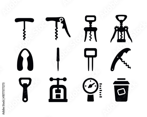 Cork Tools Icons. Cork tools. Solid icon set of cork tools: corkscrew, lever opener, twist handle opener, wing corkscrew, foil cutter, extraction needle, cork