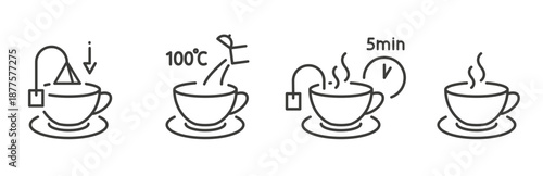 tea preparation instruction, icon set of process cooking hot drink, making cup with kettle for pour water, time brew tea, line vector art