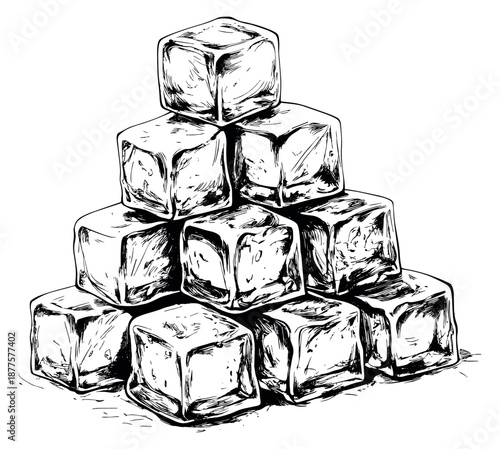 Hand drawn line art illustration of ice cubes depicting a pyramid stack for cooling drinks