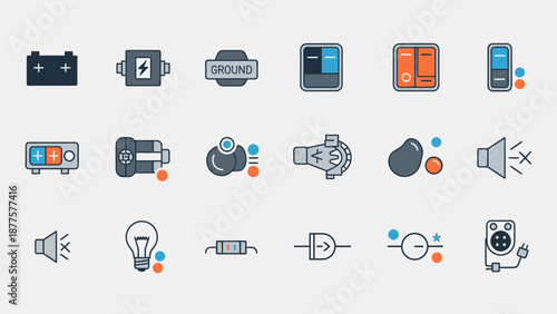 Collection of electrical engineering icons representing various components and symbols for design and innovation projects in modern technology and electronics.