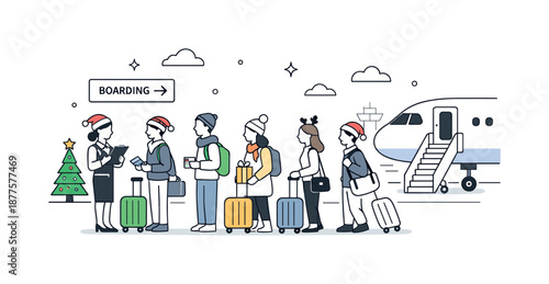 Airport Holiday Boarding. Holiday airport travel boarding. Passengers lining up to board a plane with carry-on bags. Orderly movement and shared seasonal