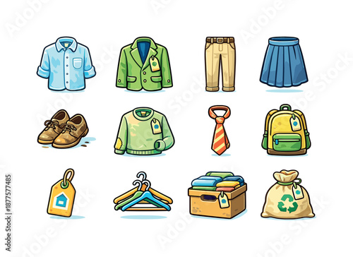 Colorful Uniform Icons. Used uniforms. Colorful flat vector icons set of used uniforms: gently worn shirt, second-hand blazer, pre-used trousers, lightly faded