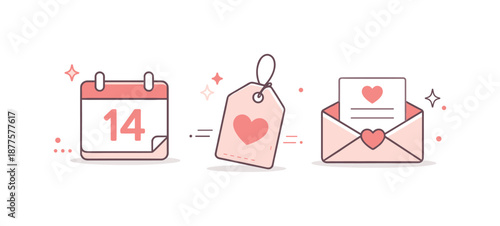 Minimal Valentine Icons. Valentine icons set. A minimal editorial scene of Valentine-themed icons including calendar heart date, gift tag, and message card,