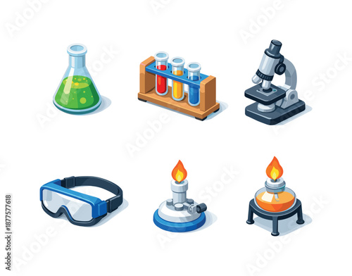 Colorful Chemistry Icons. Chemistry. Isometric flat vector icons set of chemistry: laboratory flask, test tube rack, microscope, periodic table tile, safety