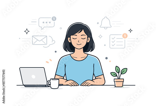 Mindful Workplace Pause. Mental health at workplace. Employee taking a short mindful pause with closed eyes while notifications fade into the background. Quiet