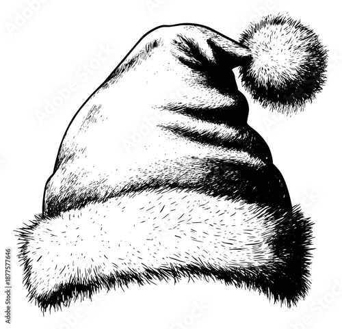 Hand drawn illustration of a Santa hat depicting a cozy winter accessory for Christmas celebrations