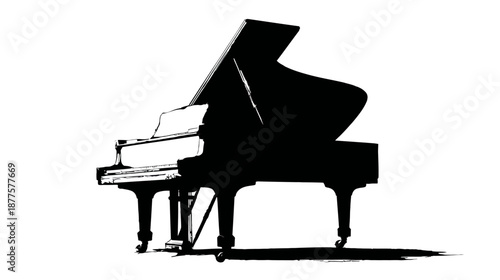 A grand piano silhouette, side view, on white background, with open lid