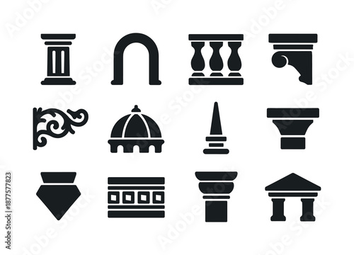 Architectural Icons Grid. Architectural details. Solid icon set of architectural details: column, arch, balustrade, corbel, ornate molding, dome, spire,
