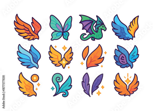 Mythical Wings Icons. Mythical wings. Colorful isometric vector icons set of mythical wings: phoenix wings, fairy wings, dragon-feather hybrid wings, griffin