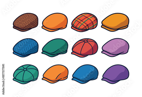 Colorful Newsboy Caps Icons. Newsboy cap. Colorful isometric vector icons set of newsboy cap: classic tweed cap, wool newsboy cap, plaid cap pattern, leather