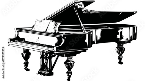A grand piano, a musical instrument with black and white keys, and sheet music