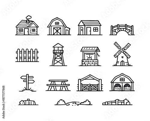Valley Icons Collection. Valley structures. Line icon set of Valley structures: cabin, barn, shed, small bridge, wooden fence, lookout tower, stone well,
