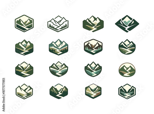 Quiet Valley Logo Variations. Quiet Valley. Icon set. Set Logo of Quiet Valley: mountain peaks framing valley. harmonious logo variations of the same