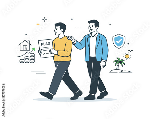 Financial Confidence. Long-term financial confidence. A client walking forward with a simple plan document while the advisor stands supportively behind. Calm