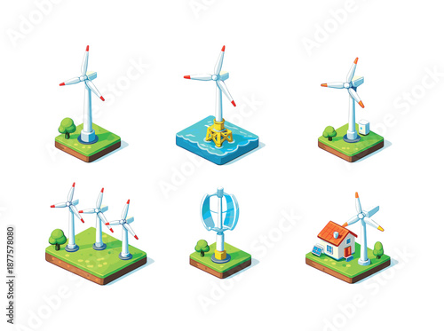 Wind Energy Icons. Wind energy units. Isometric flat vector icons set of Wind energy units: onshore wind turbine, offshore wind turbine, small wind generator,