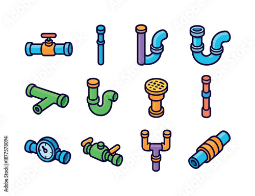 Isometric Plumbing Icons. Plumbing system. Colorful isometric vector icons set of plumbing system: main supply line, drain stack, vent pipe, trap bend, sewer