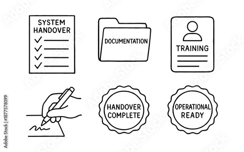 Line art icons for system handover and documentation processes