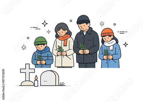 Family Cemetery Reflection. Family visiting cemetery reflection. Family standing still with bowed heads, holding a small evergreen branch. Thoughtful pause and