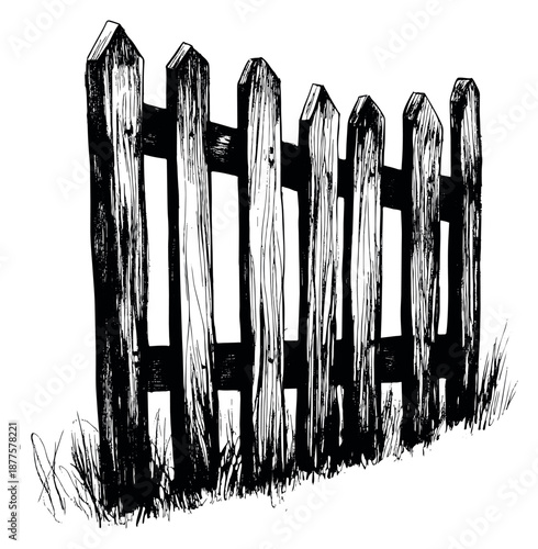 Hand drawn line art illustration of an old picket fence depicting rustic wooden posts with grass for a garden or halloween theme
