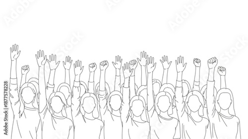 Diverse Crowd of People Waving Fists in Unity on White Background in Line Art Style