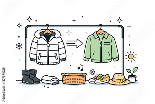 Spring Wardrobe Shift. Seasonal wardrobe change illustration. Clean modern scene with clothing rack or hanger showing heavy coat replaced by a lighter jacket,