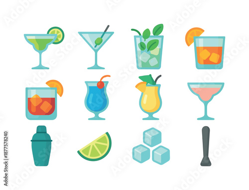 Vibrant Cocktail Icons. Cocktail Bar. Colorful flat vector icons set of Cocktail Bar: margarita glass, martini glass, mojito, old fashioned, negroni, blue