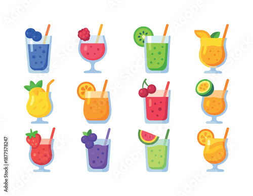 Colorful Fruit Cocktails. Fruit Cocktails. Colorful flat vector icons set of Fruit Cocktails: blueberry fizz, raspberry spritz, kiwi crush, mango cooler,