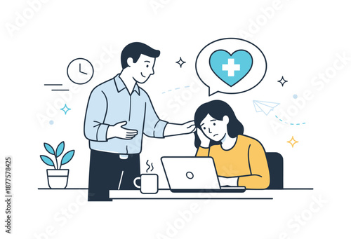Manager Supporting Employee. Burnout prevention. Manager checking in with an employee and offering help, represented by a shield or heart icon. Calm reassuring