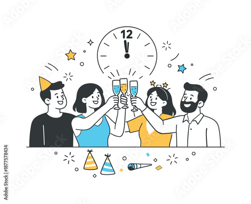 New Year Cheers. Friends celebrating New Year together. A group of friends raising glasses and smiling as the clock strikes midnight. Warm celebration, shared
