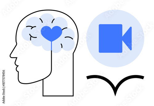 Mental health, telecommunication, video media, connection, emotional intelligence, digital interaction. A brain with a heart, video icon and connection symbol. Mental health and telecommunication