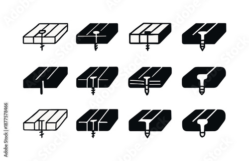 Wooden Deck Logo Grid. A wooden deck. Icon set. Set Logo of a wooden deck: deck fastener detail. harmonious logo variations of the same emblematic concept,