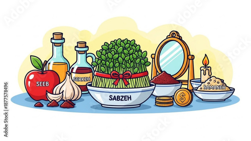 Sabzeh and Haft-Seen Table Setting for Nowruz Celebration