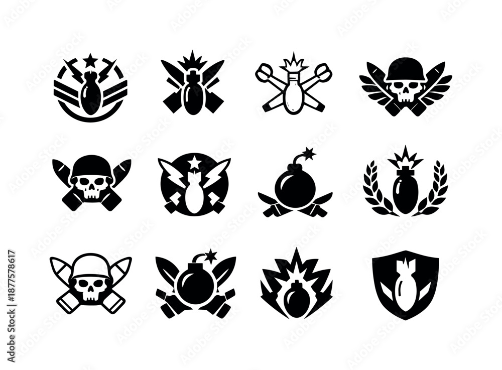 Fototapeta premium Sapper Logo Variations. Sapper. Icon set. Set Logo of sapper: explosive ordnance symbol. harmonious logo variations: Abstract geometric, Flat solid, Minimal