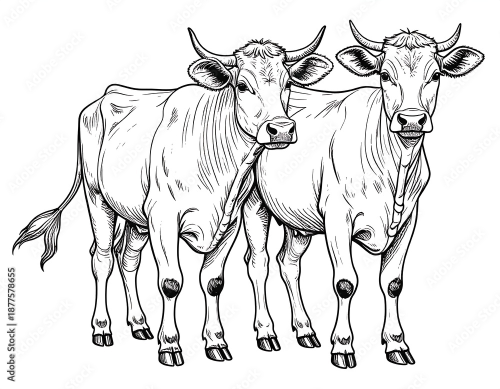 Fototapeta premium Line drawing of two bovines, standing close together, facing forward