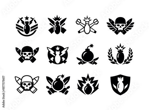 Sapper Logo Variations. Sapper. Icon set. Set Logo of sapper: explosive ordnance symbol. harmonious logo variations: Abstract geometric, Flat solid, Minimal