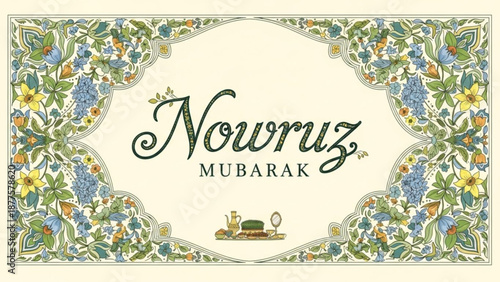 Nowruz Mubarak Greeting Card with Floral Pattern Border