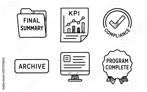 Hand-drawn business icons set with final summary, kpi chart, compliance badge, archive, and program complete
