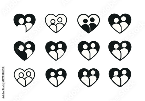 Elderly Care Emblems. Elderly care and support. Icon set. Set Logo of elderly care and support: heart with family silhouette. harmonious logo variations of the