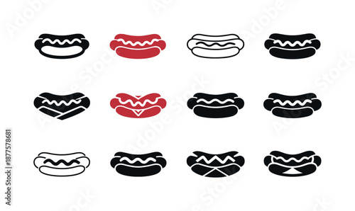 Hotdog Icon Variations. street food. Icon set. Set Logo of street food: hotdog emblem. harmonious logo variations of the same emblematic concept, each with