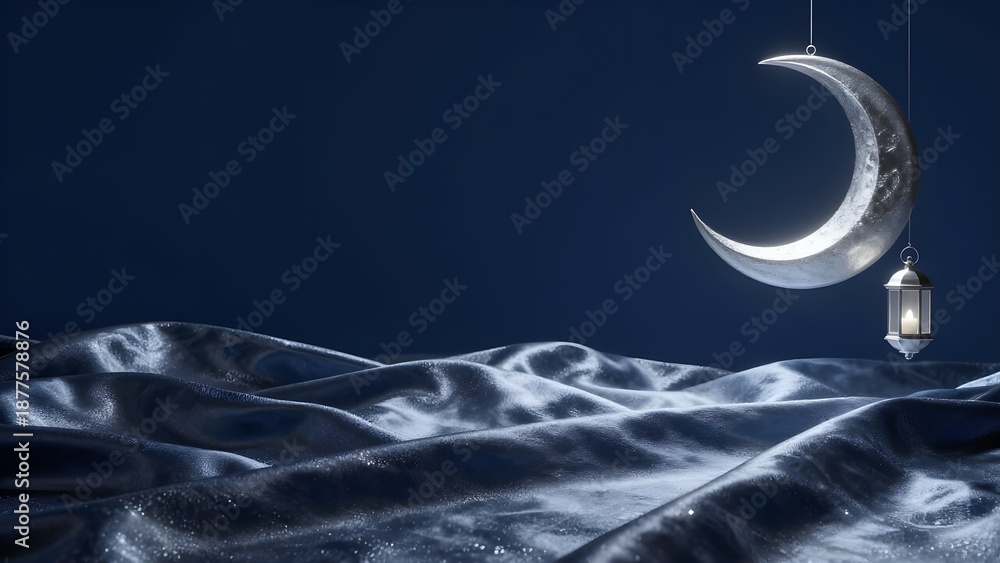 Naklejka premium Premium Midnight Blue Silk Ramadan Background with Silver Moon.