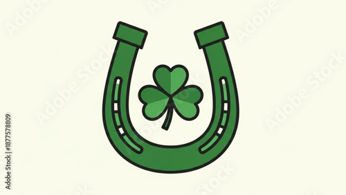 Green Horseshoe with Four Leaf Clover Isolated on White Background