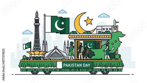 Pakistan Day Parade Float with Flag, Minar-e-Pakistan, and Crescent Moon
